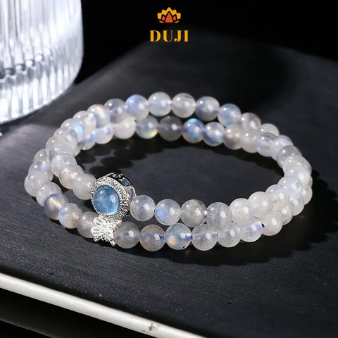 Vòng tay 2 lớp may mắn đá mặt trăng màu xám tự nhiên mix viên chủ đá Aquamarine
