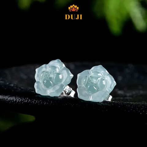 Hoa tai ngọc bích xanh nước biển tự nhiên S925