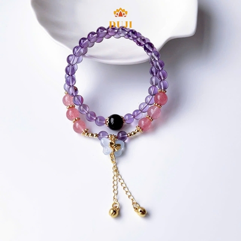 [DUJI] Vòng tay thạch anh tím mix thạch anh dâu tây kết hợp charm bướm đá tự nhiên 100%