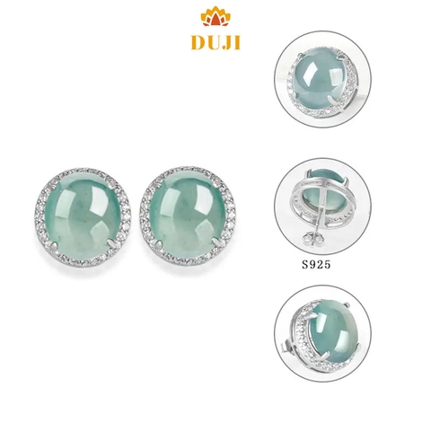 Hoa tai ngọc bích xanh nước thiên nhiên S925