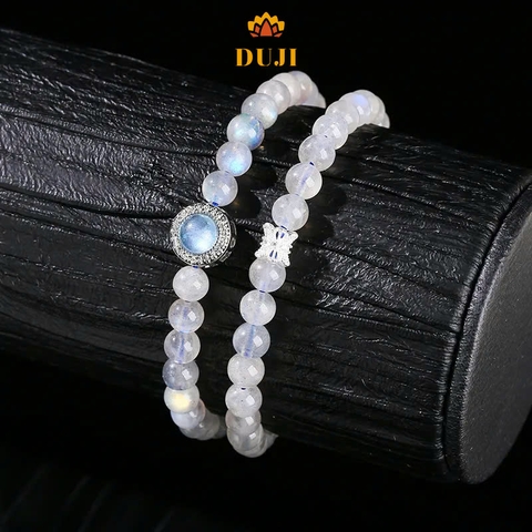 Vòng tay 2 lớp may mắn đá mặt trăng màu xám tự nhiên mix viên chủ đá Aquamarine