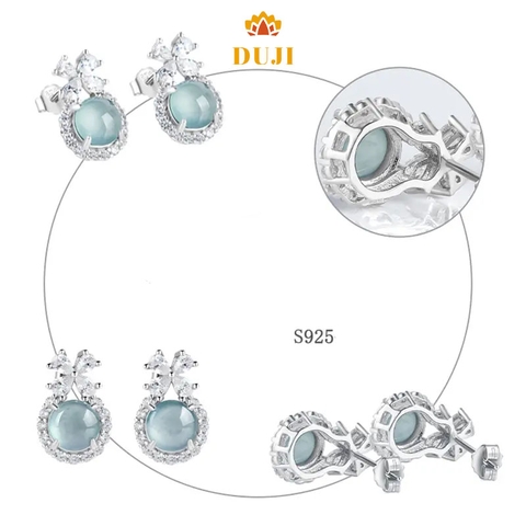 Jadeite tự nhiên nước xanh loại jadeite Trang sức tinh xảo Hoa tai nữ Bạc S925