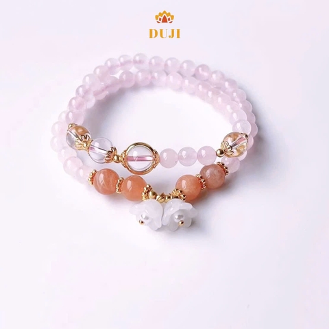 [DUJI] Vòng tay thạch anh hồng mix thạch anh trắng mix đá mặt trời đá tự nhiên 100%