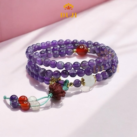 Vòng tay chuỗi quấn 3 vòng thạch anh tím mix charm
