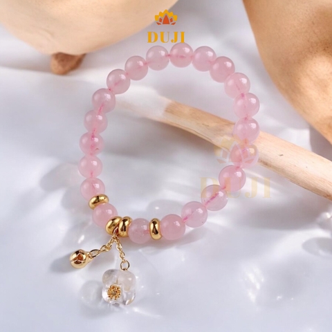 Vòng tay thạch anh hồng mix charm hoa ngọt ngào