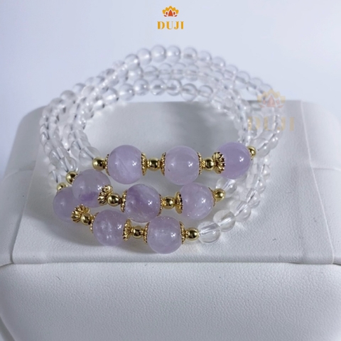 Vòng tay thạch anh trắng 4mm  mix thạch anh tím lavender đá tự nhiên 100%