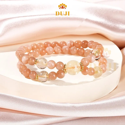 Vòng tay chuỗi 2 vòng đá mặt trời (Sunstone) mix đá thạch anh vàng/ thạch anh tóc vàng