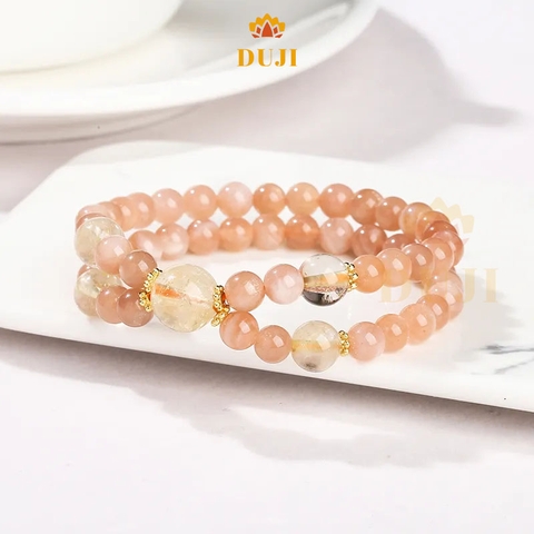 Vòng tay chuỗi 2 vòng đá mặt trời (Sunstone) mix đá thạch anh vàng/ thạch anh tóc vàng