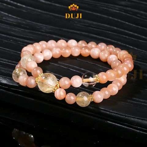 Vòng tay chuỗi 2 vòng đá mặt trời (Sunstone) mix đá thạch anh vàng/ thạch anh tóc vàng