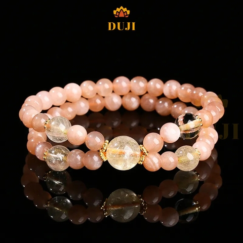 Vòng tay chuỗi 2 vòng đá mặt trời (Sunstone) mix đá thạch anh vàng/ thạch anh tóc vàng