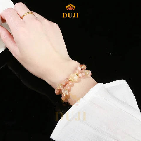 Vòng tay chuỗi 2 vòng đá mặt trời (Sunstone) mix đá thạch anh vàng/ thạch anh tóc vàng