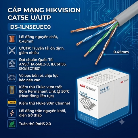 Cáp Mạng HIKVISION DS-1LN5EUEC0 Cat.5E - Truyền Tải Ổn Định, Độ Bền Cao