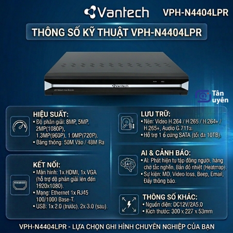 Đầu Ghi Hình IP NVR 4 / 16 Kênh Vantech VPH-N4404LPR / VPH-N4416LPR | Tích Hợp AI Nhận Diện Biển Số