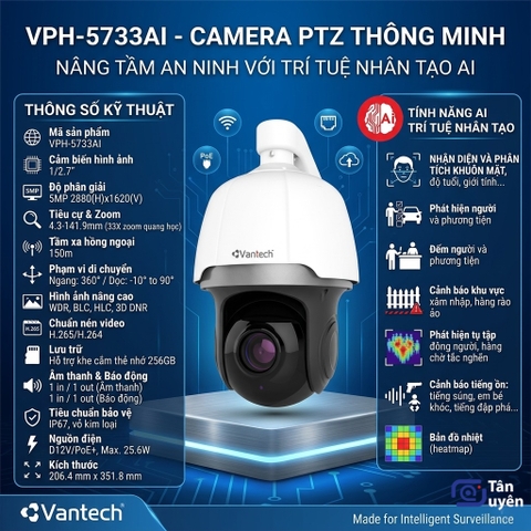 [Chính hãng] Camera Network PTZ AI Vantech VPH-5733AI 5MP, Zoom Quang 33X