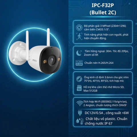 [Chính hãng] Camera Wifi Ngoài Trời Imou IPC-F32P (3MP) & IPC-F52P (5MP) - Chống Nước IP67, Cảnh Báo AI, Tích Hợp Mic