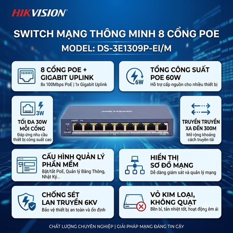 Switch Mạng Thông Minh 8 Cổng PoE Hikvision DS-3E1309P-EI/M + 1 Cổng Gigabit Uplink - Quản Lý Cloud, Chống Sét 6kV