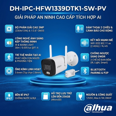 Camera WiFi Ngoài Trời 3MP Dahua DH-IPC-HFW1339DTK1-SW-PV - Báo Động Chủ Động, Tích Hợp AI