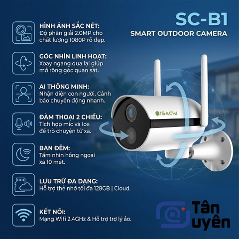Camera IoT Wifi thông minh ISACHI SC-B1 2MP 1080P, xoay trái phải, đàm thoại 2 chiều, hồng ngoại 10m