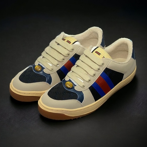 Giày Thể Thao Gu.cci Sơn Tùng Tím Xanh Screener Webbing-Trimmed Distressed Leather And Canvas Navy Sneakers,Giày Nam Nữ