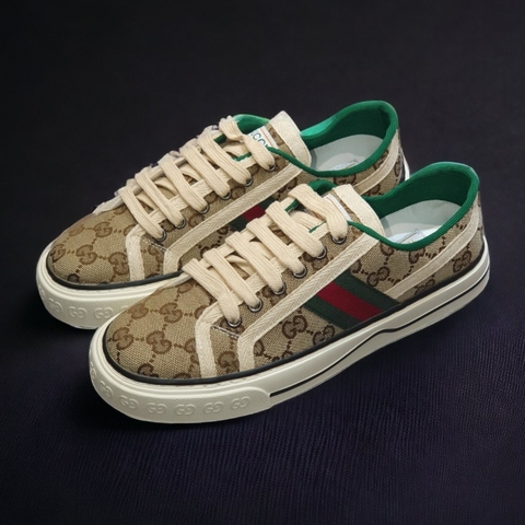 Giày thể thao Gu.cci Tennis nâu 1977, Giày thể thao GC 3 sọc GG-Canvas And Leather Trainers Green,Nâu Canvas Lai Au