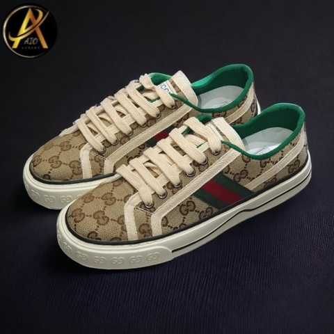 Giày thể thao Gu.cci Tennis nâu 1977, Giày thể thao GC 3 sọc GG-Canvas And Leather Trainers Green,Nâu Canvas Lai Au
