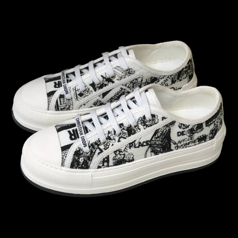 GIÀY thể thao Unisex Đế Độn Walk N Di.or White and black Cotton Embroidered with plan de Paris Motif Platfom Sneaker