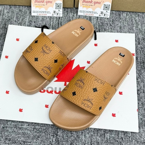 Dép quai ngang nam nữ MCM vàng Hoạ Tiết Tag Logo hàng QC loại 1,Dép MCM Wmms Slides Monogram