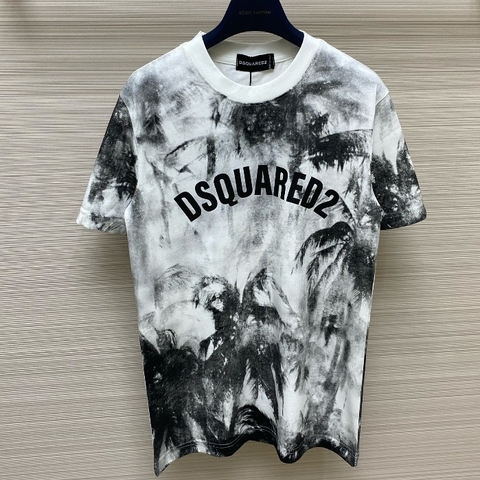 Áo Thun Nam Nữ cổ tròn DSQ2 cotton gai in chữ logo ngực bo ống dày dặn dáng đơn giản basic 2024