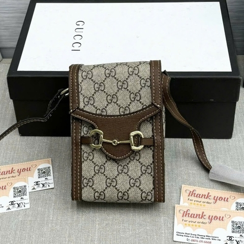 Túi xách DA nữ đeo chéo Túi đeo chéo da nam nữ mini bag GG nâu hoạ tiết chữ chéo monogram móc xích khoá nam châm