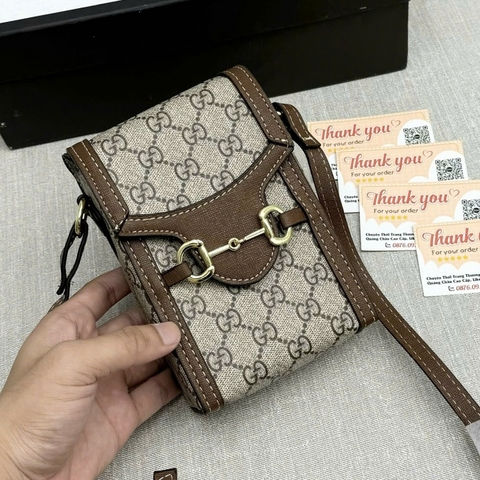 Túi xách DA nữ đeo chéo Túi đeo chéo da nam nữ mini bag GG nâu hoạ tiết chữ chéo monogram móc xích khoá nam châm