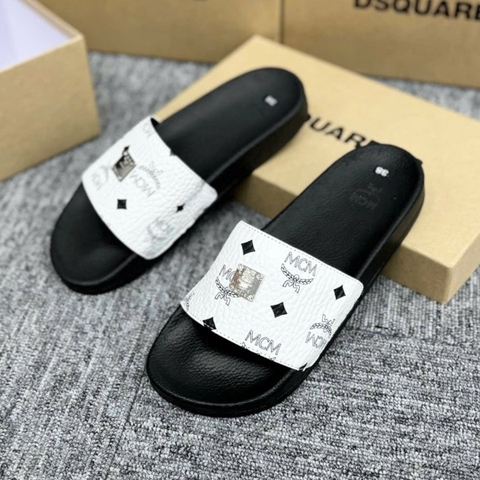 Dép Nam Nữ MCM Trắng Quai Ngang Đính Tag Logo kim loại SIêu Đẹp full box - Dép Quai Ngang Nam Nữ M.C.M Phối Màu