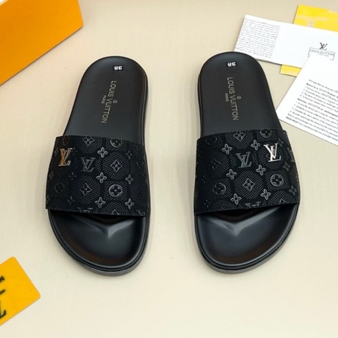 Dép lê Louis Vuitton quai ngang Nam Nữ eo vì phối hoa tiết nét- Dép LV Loại 1 FULL HỘP da bò