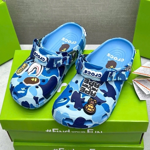 [ Tặng Hộp Chống Sốc ] Dép sục Cờ Rốc phối xanh Bape hoạ tiết charm in chữ cao su nổi cao cấp [ [full box]