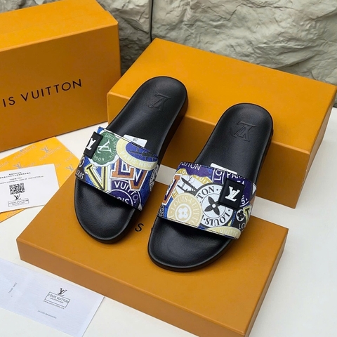 [ Tặng Hộp Chống Sốc ] Dép lê nam quai ngang EV quai dệt da xanh phối chữ trắng cạnh đế khắc logo in nổi hàng loại 1