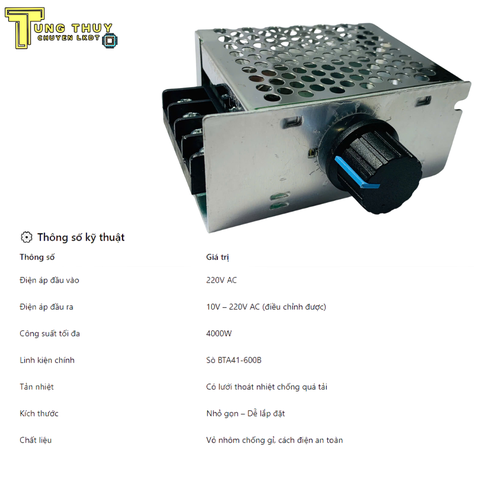 Bộ Dimmer Điều Tốc 4000W – Chạy Sò BTA41-600B, Điều Chỉnh Dễ, Bền & Ổn Định