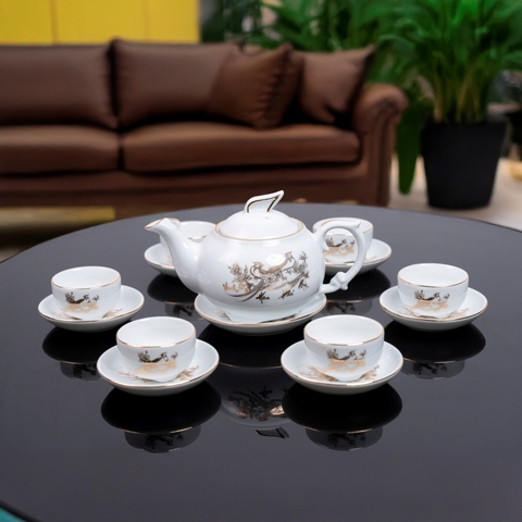 Bộ ấm chén sứ chim công - hoa mai vẽ vàng cao cấp