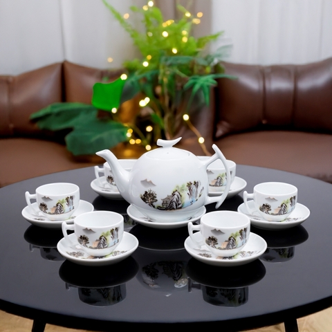 Bộ ấm chén sứ phong cảnh truyền thống