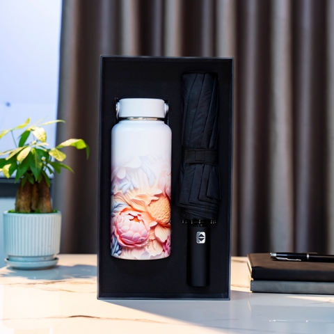 Set quà tặng bình giữ nhiệt in hoa & ô cao cấp Ruby