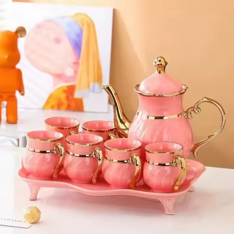 Bộ ấm trà cà phê Bắc Âu gốm sứ vẽ tay Ruby