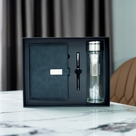 Set quà bình thủy tinh 2 lớp, bút kim loại & sổ da cao cấp Ruby