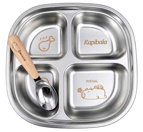 KHAY ĂN DẶM INOX 4 NGĂN – TẶNG KÈM THÌA CHO BÉ YÊU 😻