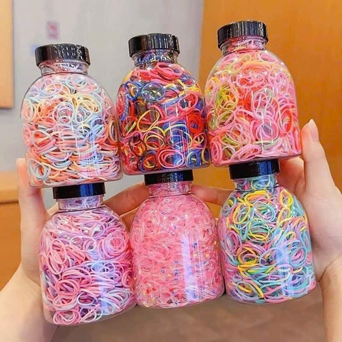 Set 1000 thun cột tóc co giãn nhiều màu kèm bình đựng