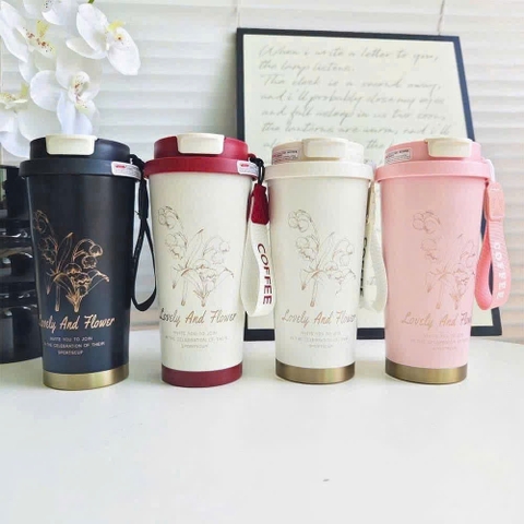 Ly Giữ Nhiệt Hoa Lyly 500ml Có Dây Cầm