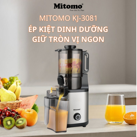 MÁY ÉP CHẬM CÔNG NGHIỆP MITOMO KJ-3081 VỚI CỐC TIẾP NGUYÊN LIỆU TÍCH HỢP LƯỠI CẮT THÔNG MINH – ÉP NHANH, KIỆT BÃ ĐẾN 98%