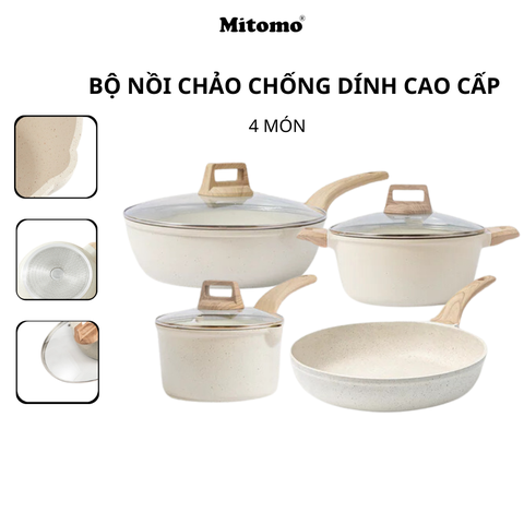Bộ nồi chảo vân đá 4 món chống dính cao cấp Mitomo Granite