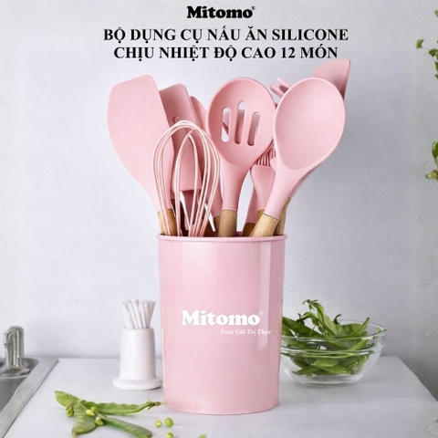 Bộ Dụng Cụ Nấu Ăn Silicone Cán Gỗ Tự Nhiên 12 Món Mitomo - An Toàn, Chịu Nhiệt Cao