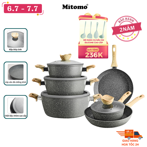 Bộ nồi chảo chống dính vân đá 6 món cao cấp Mitomo Queen Time