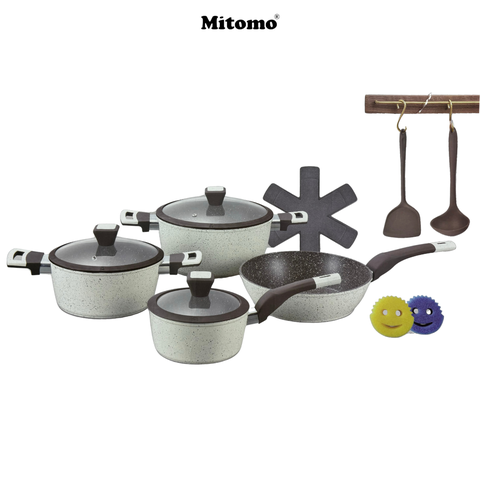 Bộ nồi chảo vân đá 4 món chống dính cao cấp Mitomo Giyoca