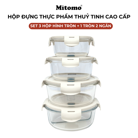 Bộ 4 Hộp Thuỷ Tinh Hình Tròn Đựng Phực Phẩm Cao Cấp Mitomo