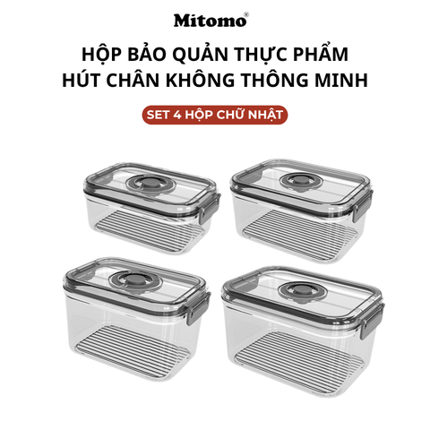 Bộ 4 Hộp Bảo Quản Thực Phẩm Hút Chân Không Thông Minh Mitomo – Giữ Tươi Lâu Gấp 3 Lần